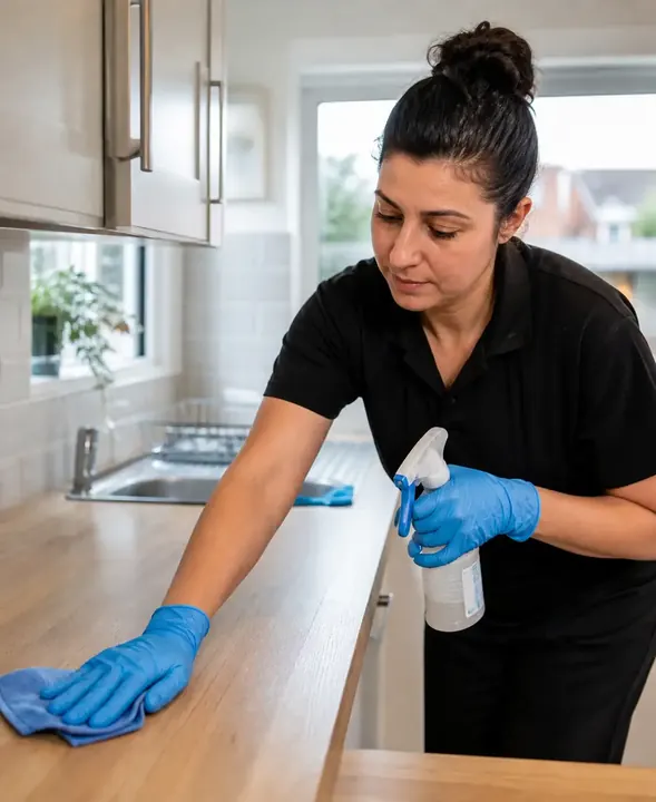 Cleaner carrying out one-off cleaning in a Birmingham kitchen
