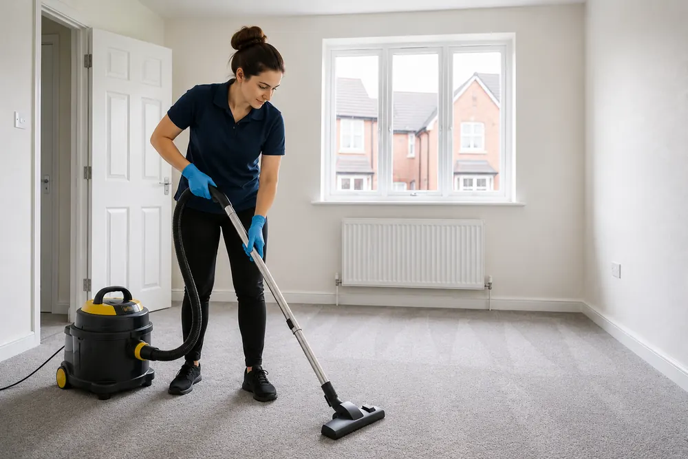 Carpet vacuuming during a move-out clean in Birmingham