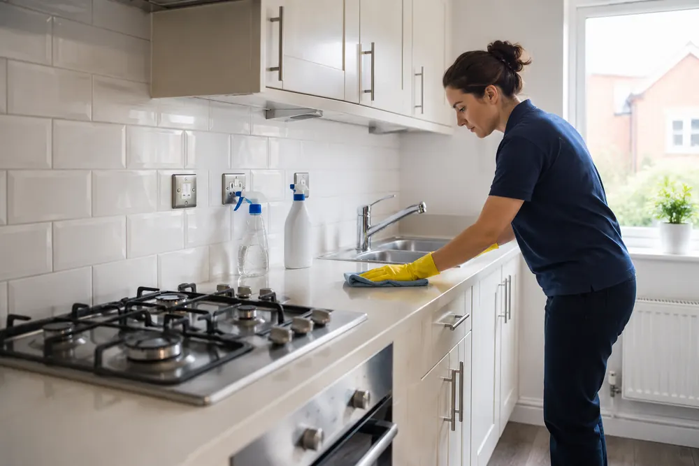 Kitchen area being cleaned during a move-out clean in Birmingham